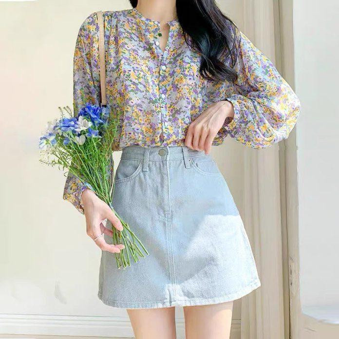 Mẫu áo sơ mi nữ chiffon voan hoa nhí dài tay