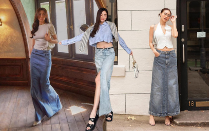 Phối áo croptop với chân váy jeans xẻ tà