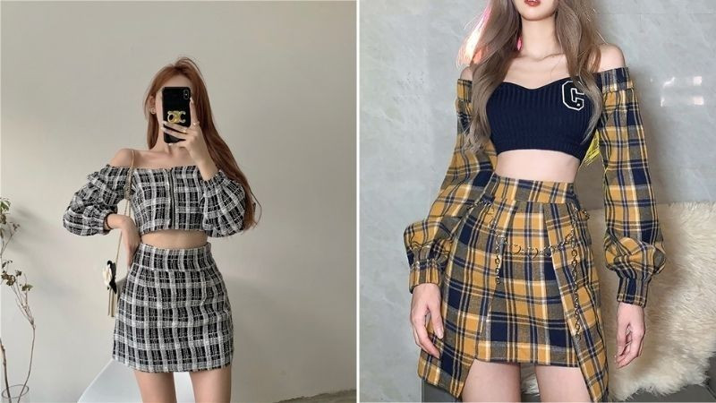 Phối áo croptop với chân váy kẻ caro