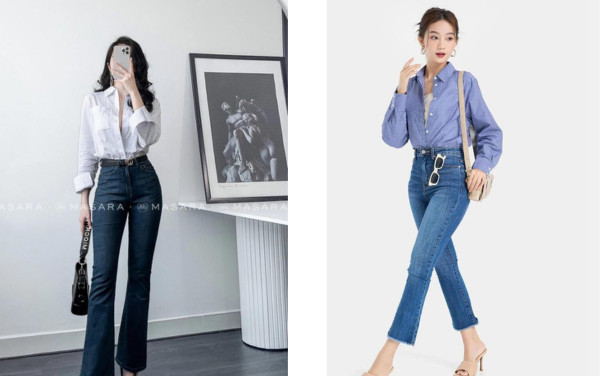 Phối áo sơ mi với quần jeans ống loe