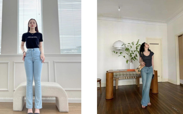 Phối áo thun với quần jeans ống loe