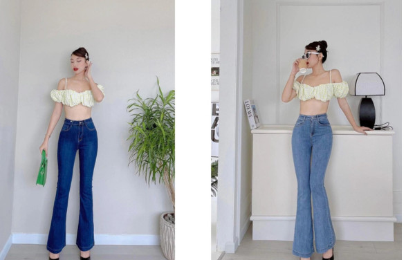 Phối áo trễ vai với quần jeans ống loe