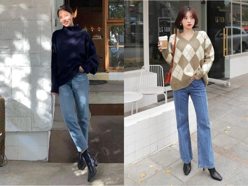 Phối đồ với quần jean ống suông mùa đông cùng áo sweater