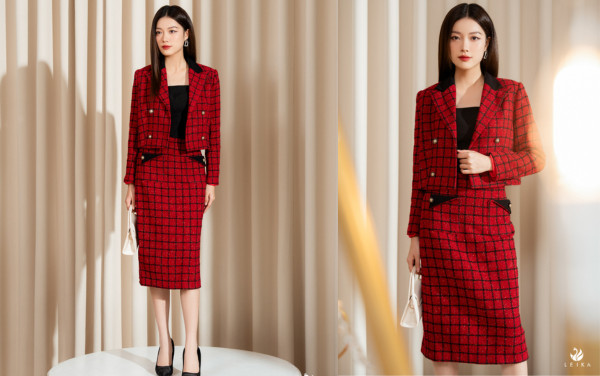 Set váy tweed đỏ cho ngày Tết