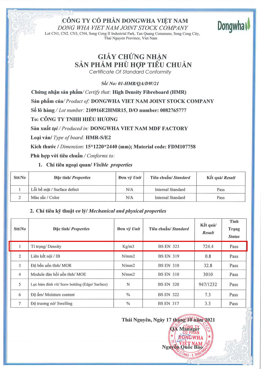 Bảng kiểm định trọng lượng ván MDF Dongwha 15 mm