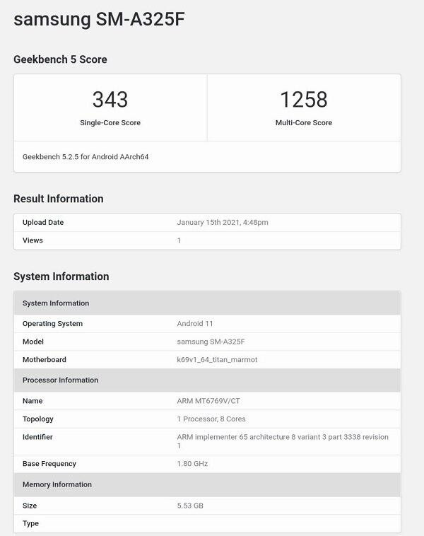 Điểm hiệu năng của Samsung Galaxy A32 trên Geekbench