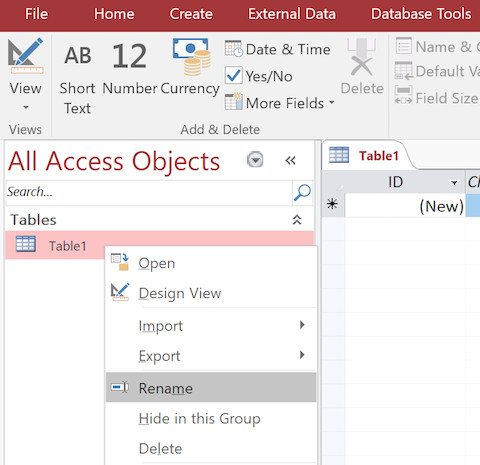 Đổi tên bảng trong Access