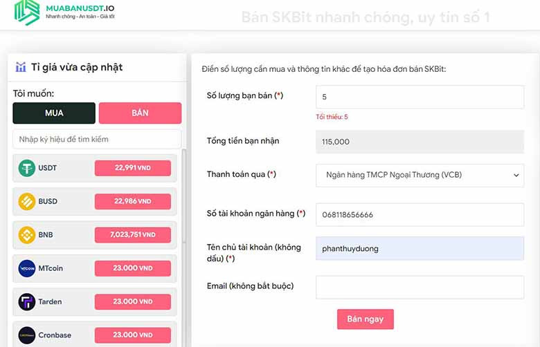 Hóa đơn xác nhận bán SKbit trên MuaBanUsdt.io