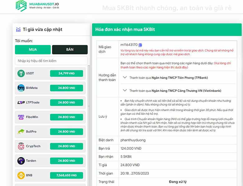Hóa đơn xác nhận mua Skbit trên MuaBanUsdt.io