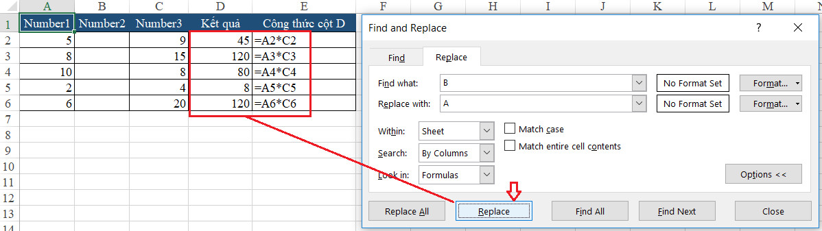 Hướng dẫn bước sửa công thức qua Replace