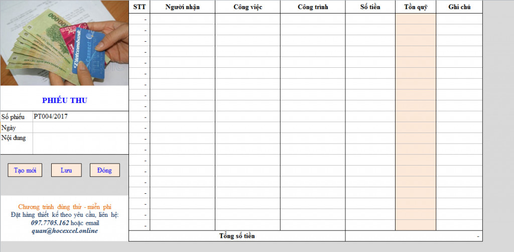 Lập phiếu thu trong Excel