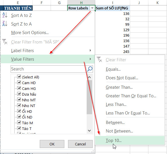 Lọc Pivot Table Top 10