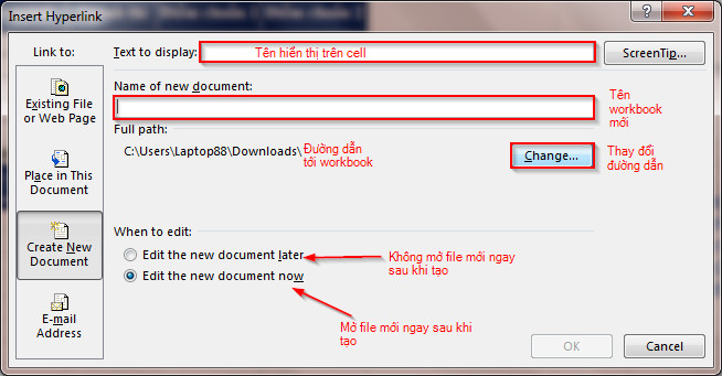 Tạo Hyperlink đến workbook mới