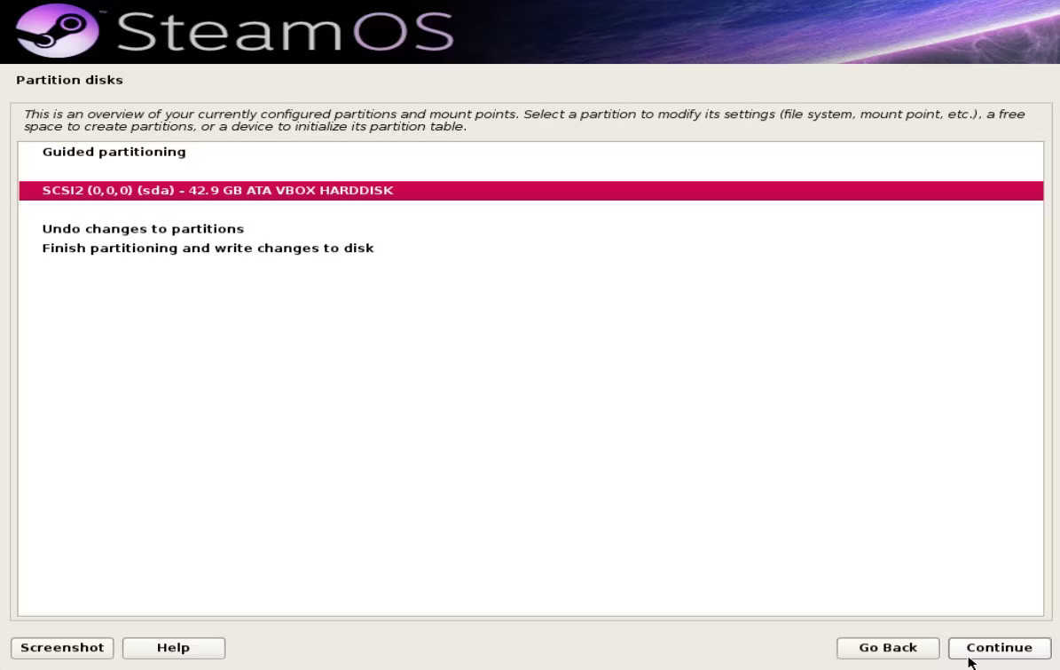 Chỉnh sửa các phân vùng trong menu Partition disks của trình cài đặt SteamOS