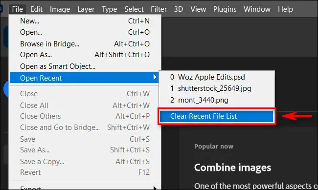 Cách xóa danh sách file đã mở gần đây trong Adobe Photoshop
