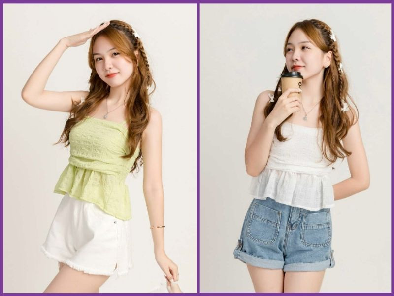Áo babydoll phối quần short jean