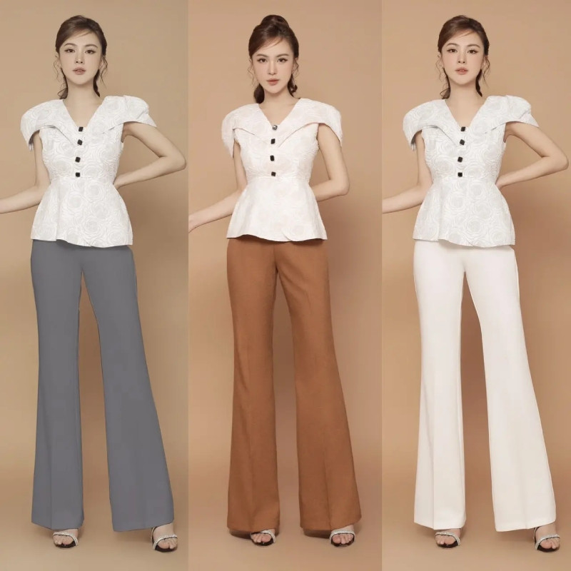 Áo peplum và quần kaki ống loe