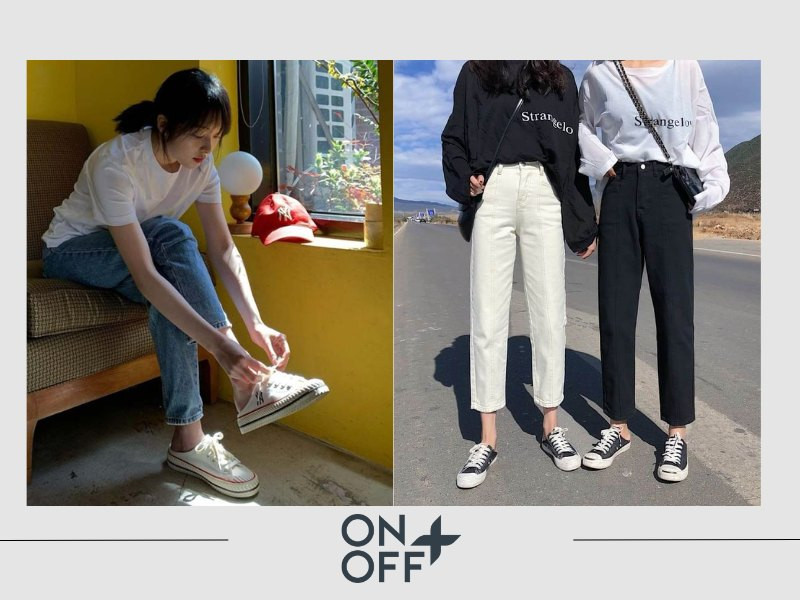 Áo phông và quần jean với giày sục
