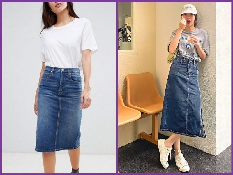 Áo thun basic với chân váy jean dài
