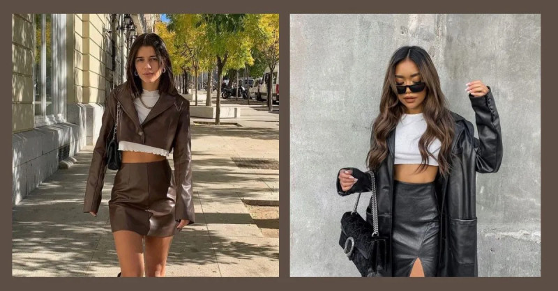 Áo thun croptop phối chân váy da