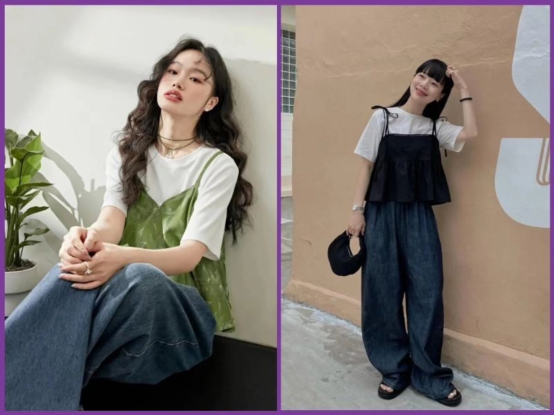 Babydoll 2 dây mix áo phông trắng