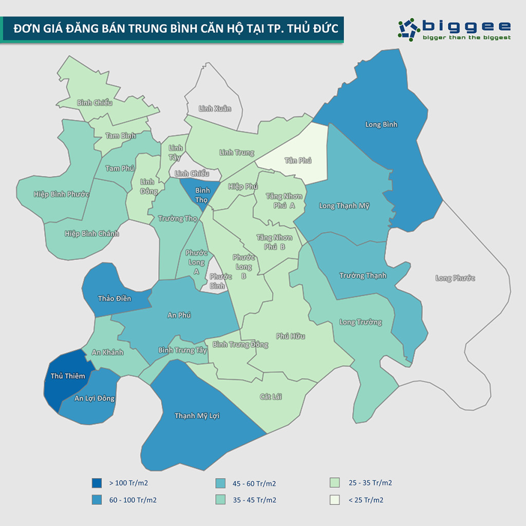 Bản đồ nhiệt thể hiện giá căn hộ bình quân theo phường