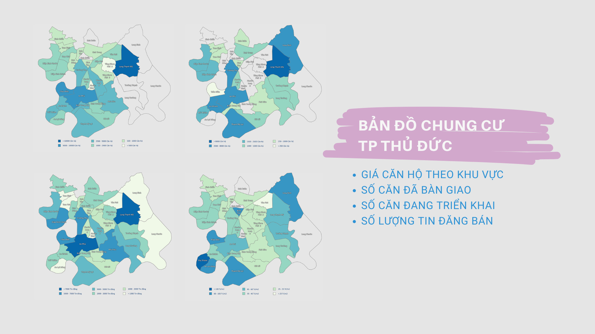 Bản đồ căn hộ chung cư TP Thủ Đức: giá bán, quy mô và lượng giao dịch