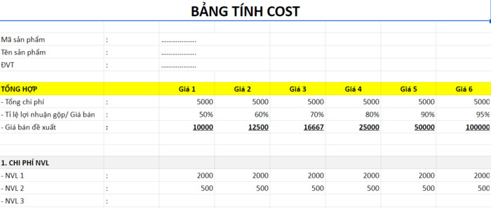 Bảng tính cost món ăn để quản lý nguyên liệu nhà hàng