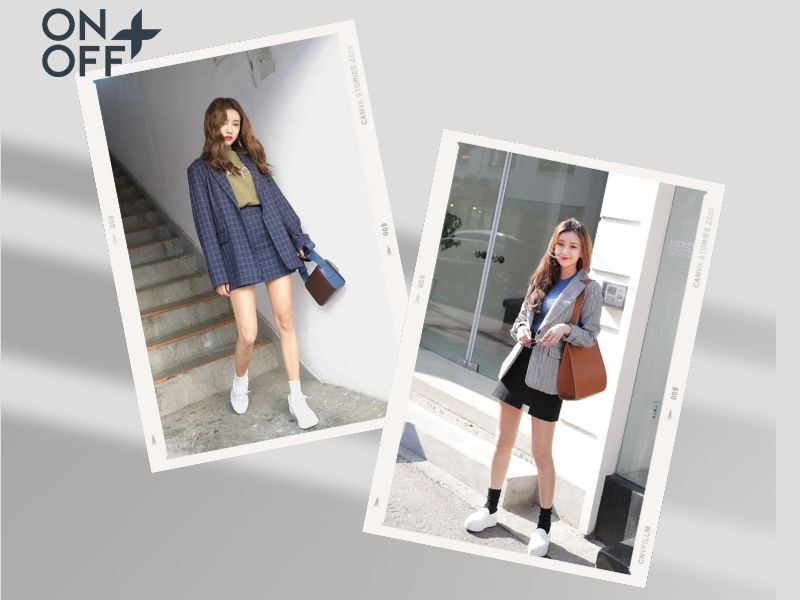 Blazer kẻ sọc kết hợp với tất cao cổ tạo ra phong cách vừa sang trọng vừa trẻ trung