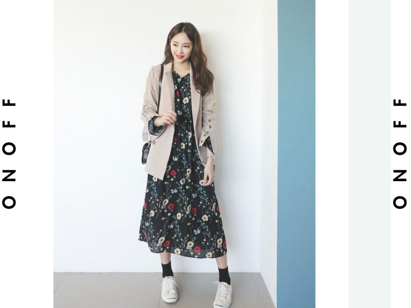 Blazer kết hợp váy hoa