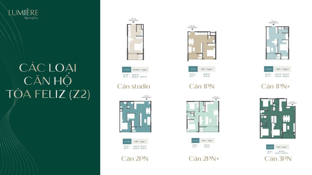 Các loại hình căn hộ phổ biến tại Lumiere Spring Bay