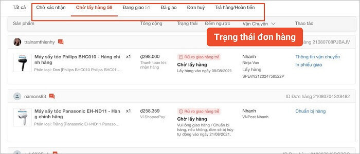 Các trạng thái đơn hàng trên Shopee