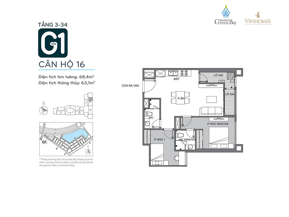 Căn hộ 1 phòng ngủ Vinhomes Green Bay