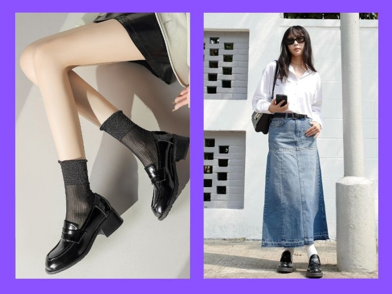 Chân váy midi dài và boot cổ ngắn
