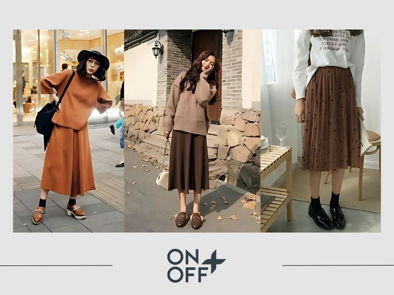 Chân váy nâu phối áo ton-sur-ton