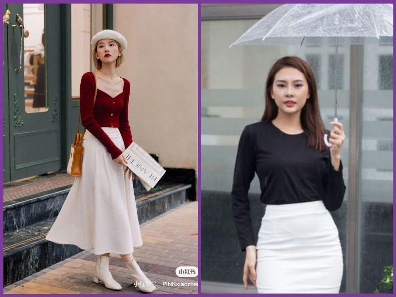chân váy trắng với áo giữ nhiệt
