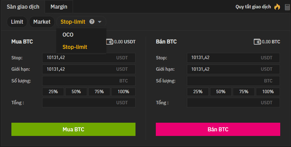 Chọn lệnh OCO trên Binance