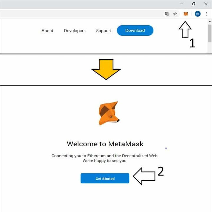chọn logo metamask và chọn get started