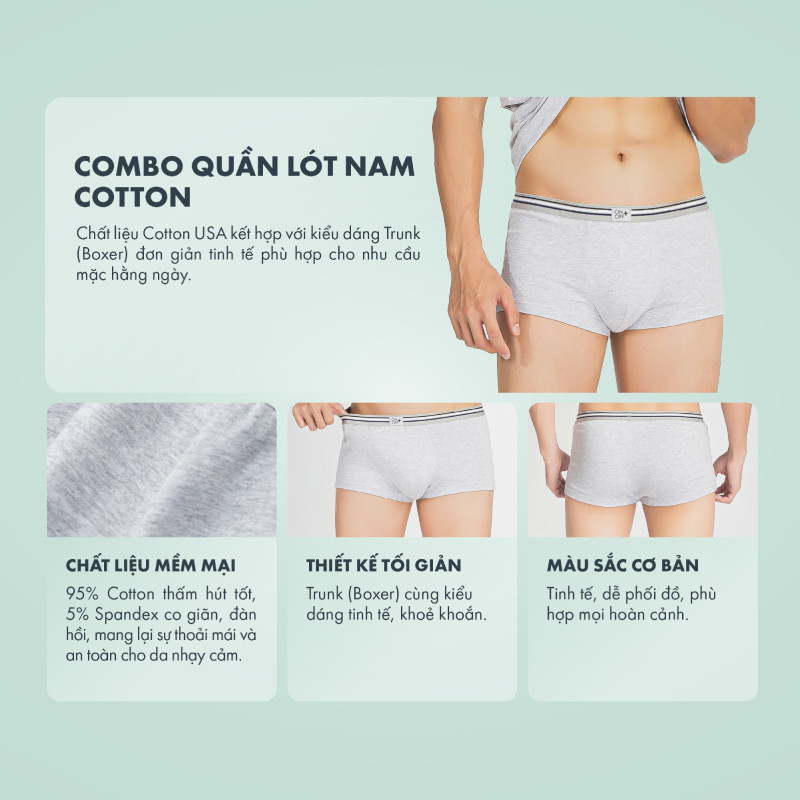 Combo 3E Quần lót nam Cotton USA – êm ái tối đa, tuỳ chọn màu sắc