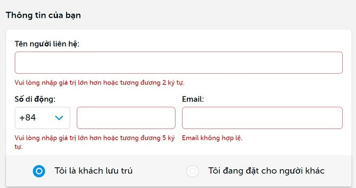 Điền đầy đủ các thông tin chính xác của người đặt phòng