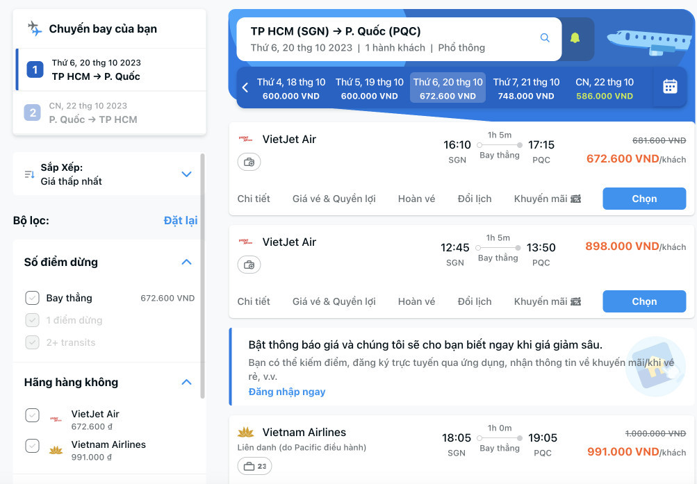 Giá vé máy bay Phú Quốc cuối tháng 10 (Nguồn: Traveloka)