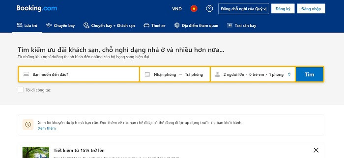 Giao diện của Booking.com