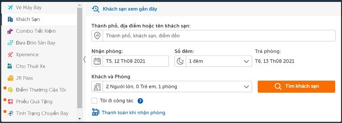 Giao diện đặt phòng tại Traveloka