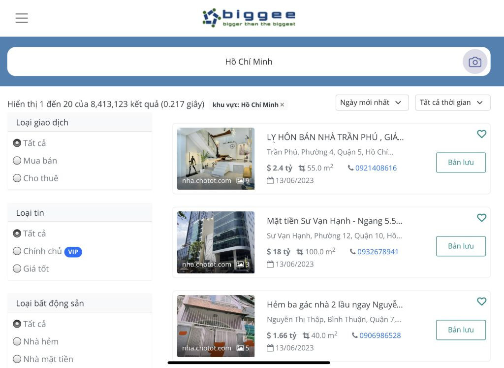 Giao diện tìm kiếm thông tin bất động sản