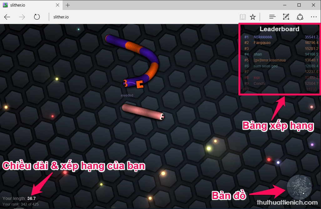 Giao diện trong game Slither.io