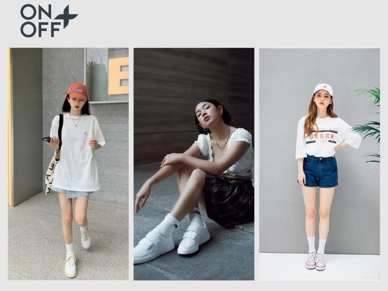 Giày với tất trắng cổ cao