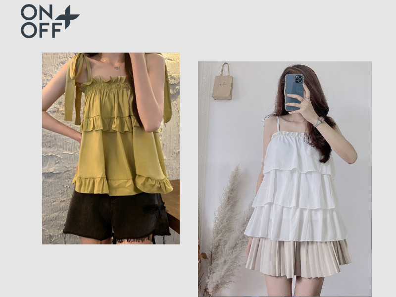 gợi ý outfit với áo hai dây xòe xếp tầng