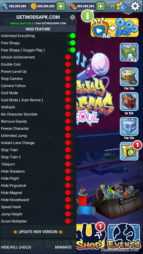 Hình ảnh khi chơi game Subway Surfers Mod full mọi thứ
