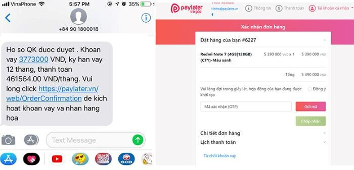Hồ sơ tham gia Paylater được duyệt và gửi SMS về điện thoại