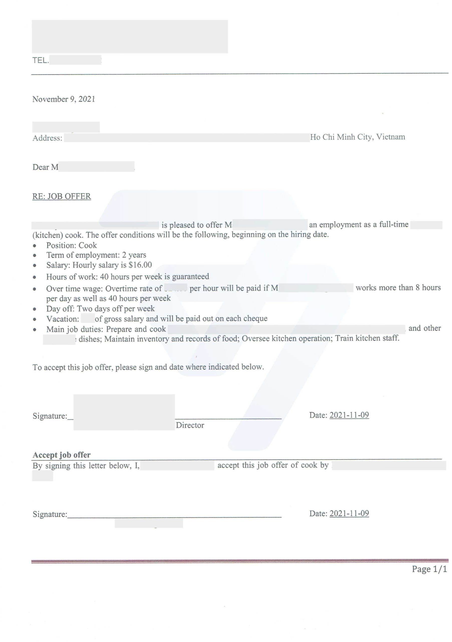 Job Offer cho vị trí Cook từ khách hàng